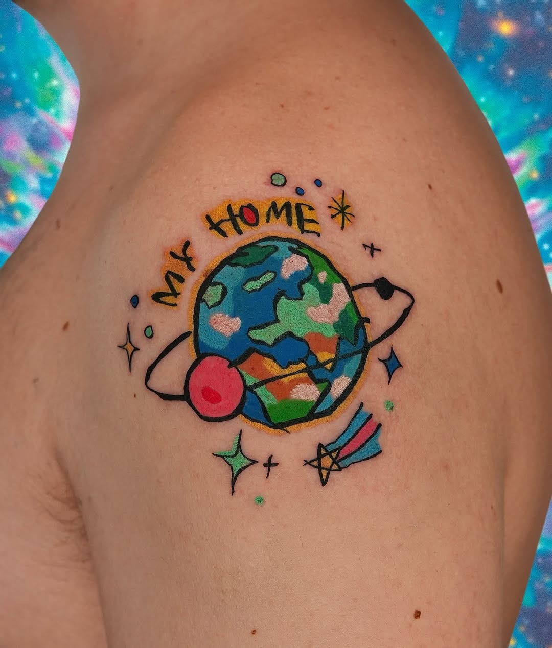 Colorful Earth Tattoo with Home Vibes Tattoo Design