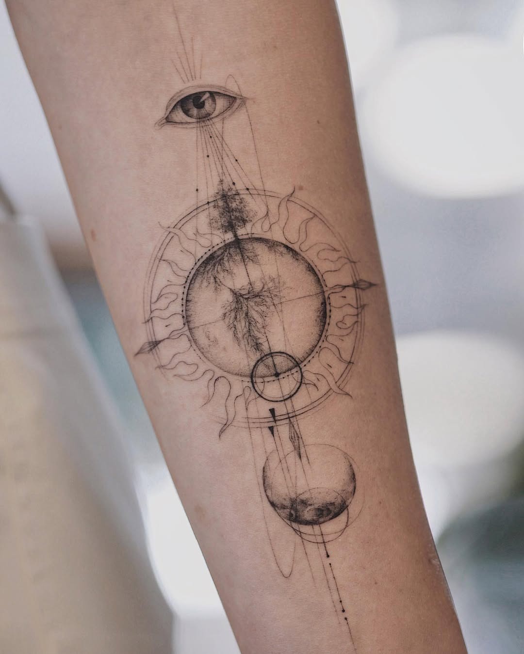 Cosmic Earth Tattoo with Eye and Celestial Elements Tattoo Design