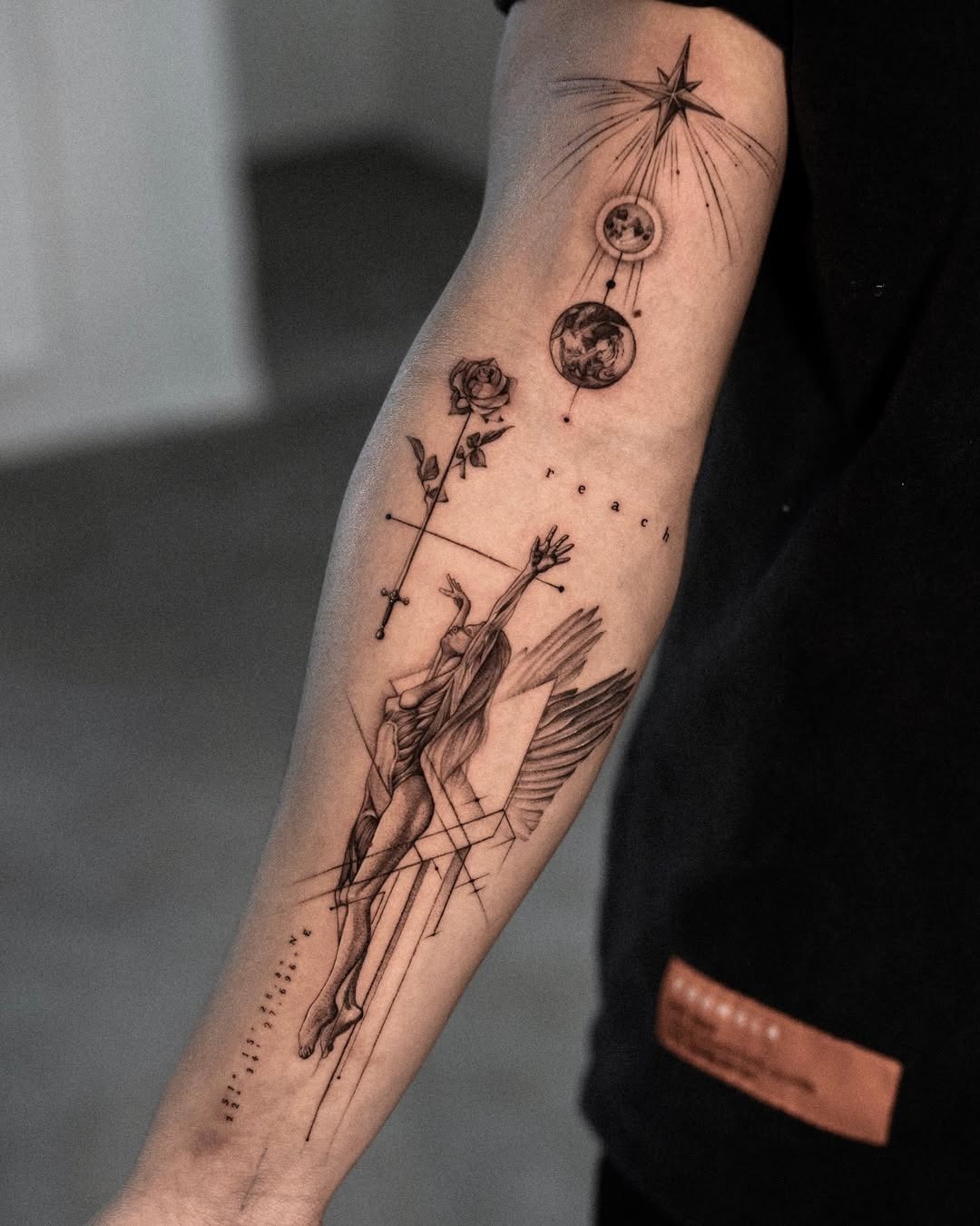 Elegant design blending nature and celestial elements. Tattoo Design