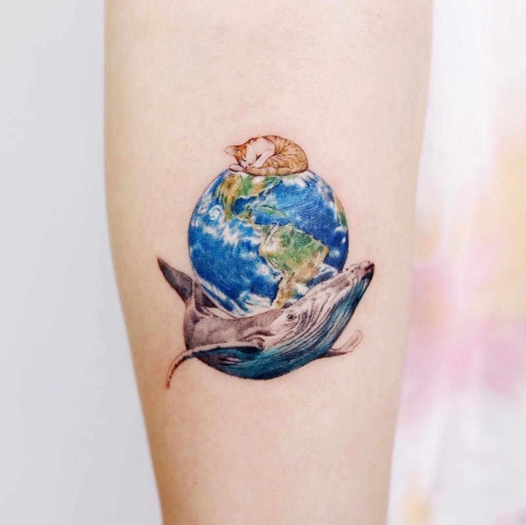 Intricate Earth Tattoo with Cat and Whale Tattoo Design