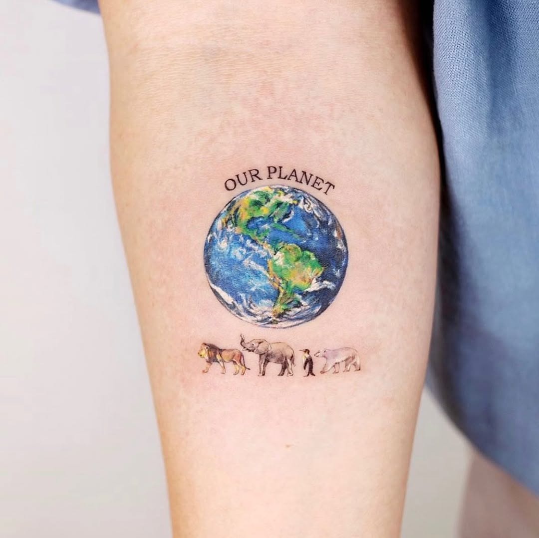 Vibrant Earth Tattoo with Animal Companions Tattoo Design