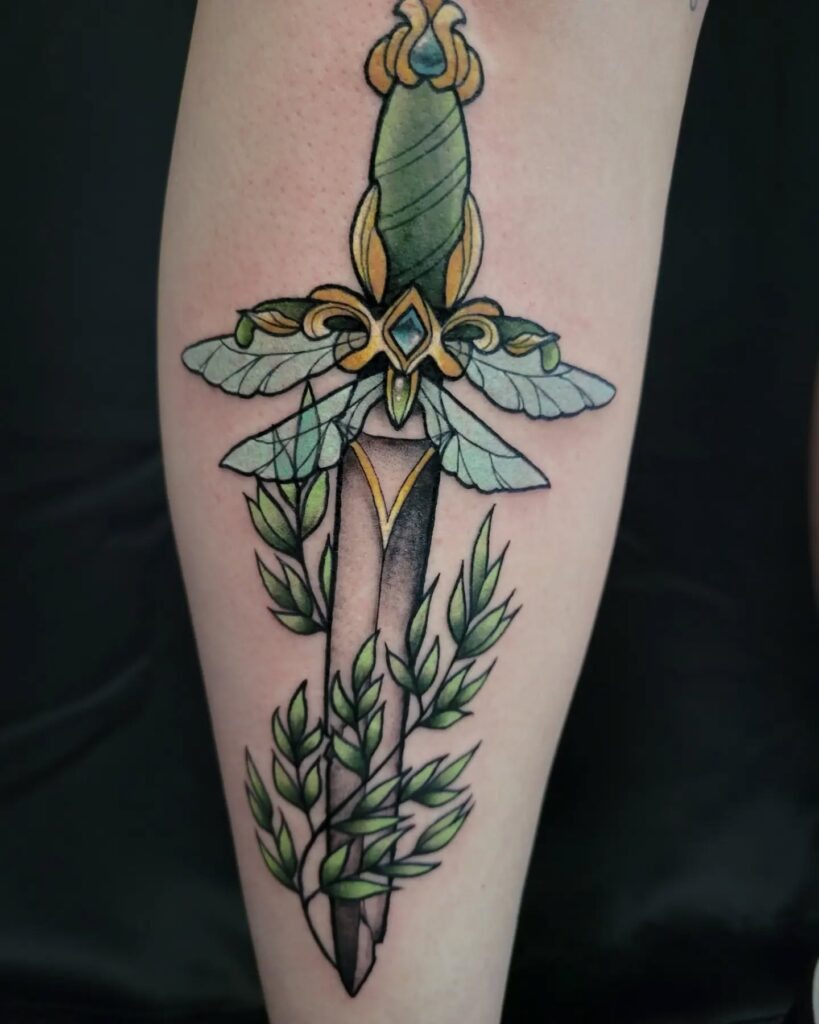 Ah Shin Dagger with Green Leaves Tattoo Tattoo Design