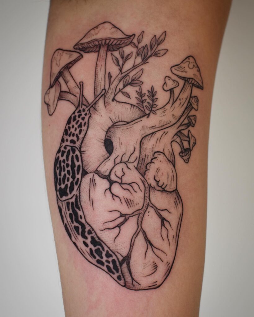 Anatomical Heart with Mushrooms and Banana Slug Tattoo Tattoo Design