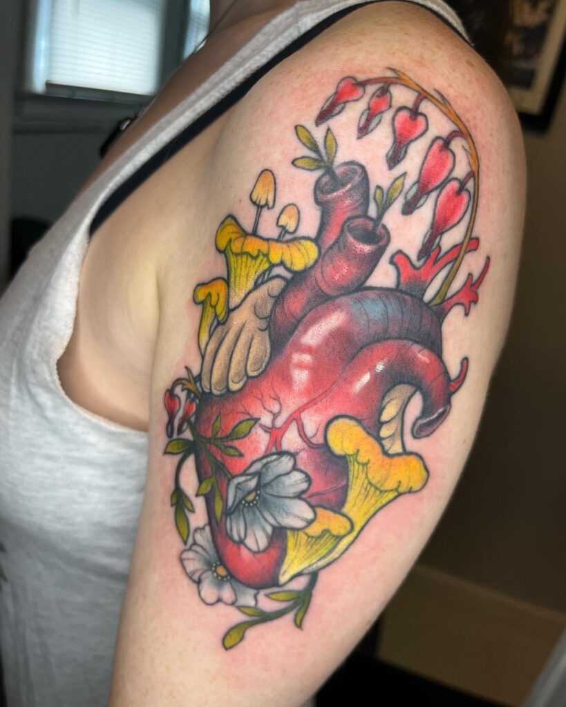 Anatomical Heart with Wild Mushrooms and Flowers Tattoo Tattoo Design