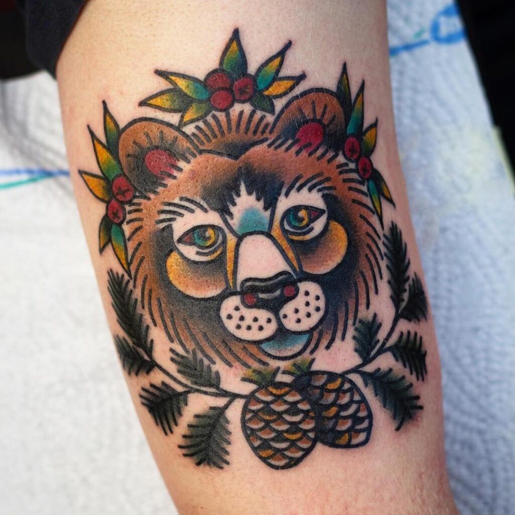 Bear Head with Pinecones and Berries Tattoo Tattoo Design