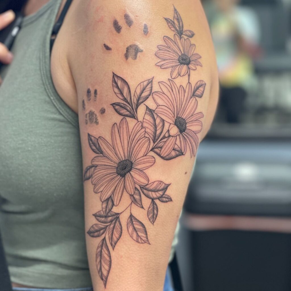 Cat Paw Prints and Flowers Tattoo Tattoo Design