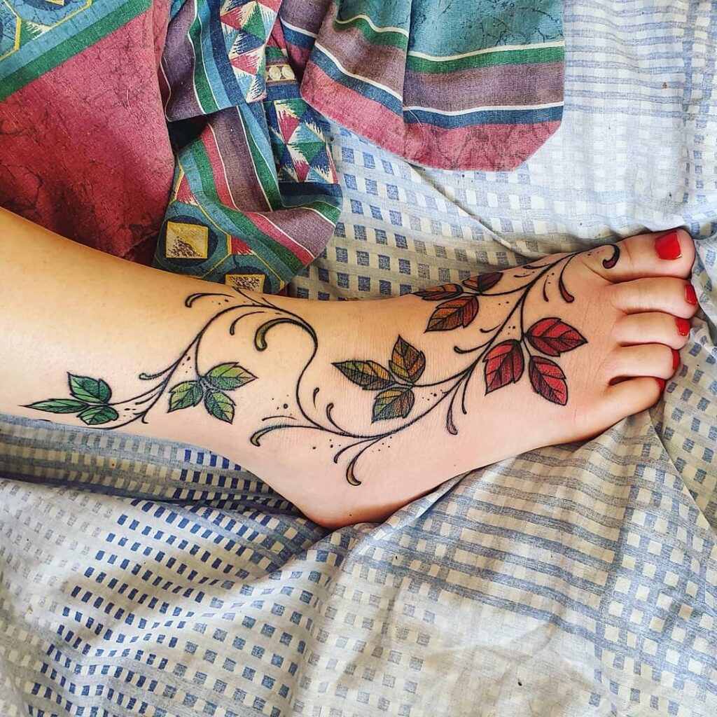 Colorful Vine and Leaves Foot Tattoo Tattoo Design