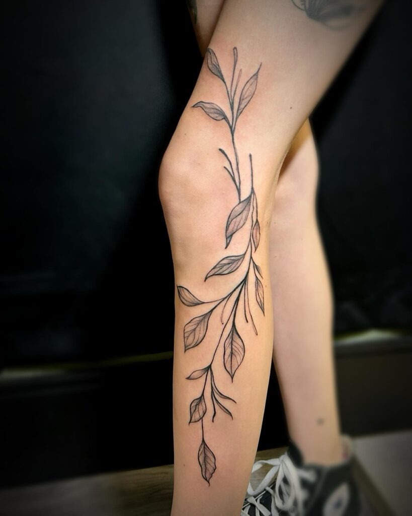 Flowing Branch with Leaves Leg Tattoo Tattoo Design