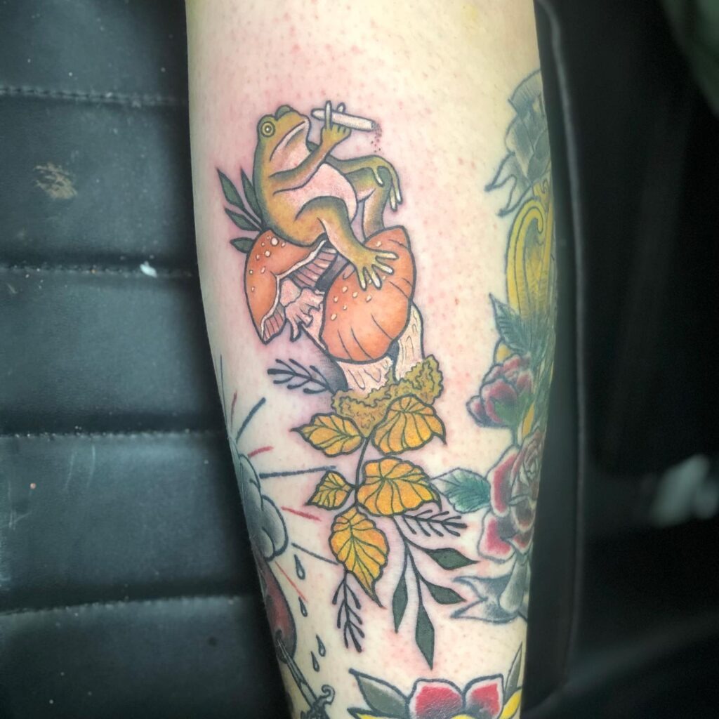 Frog on Mushroom with Autumn Leaves Tattoo Tattoo Design
