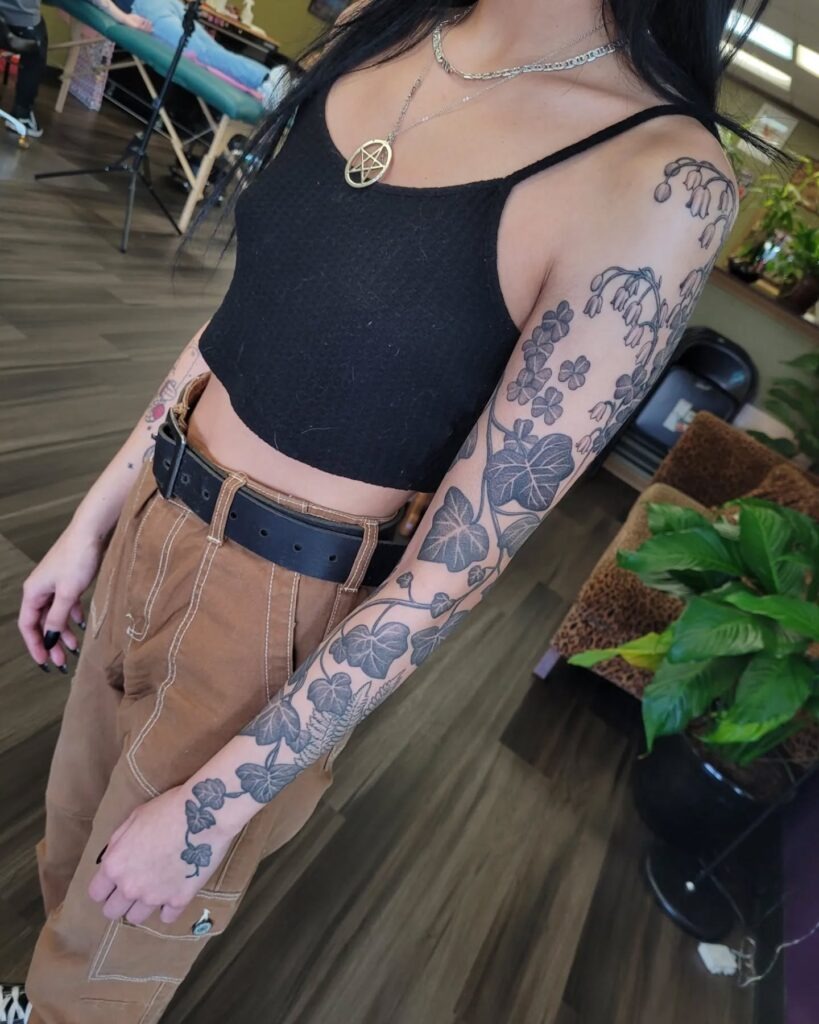 Ivy, Lily of the Valley, Clover, and Fern Sleeve Tattoo Tattoo Design