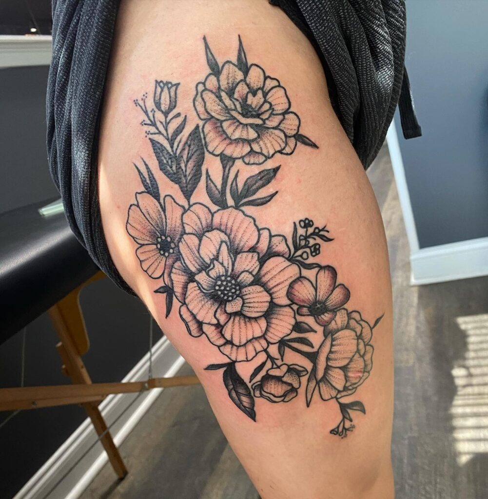 Large Black and Grey Floral Bouquet Tattoo Tattoo Design