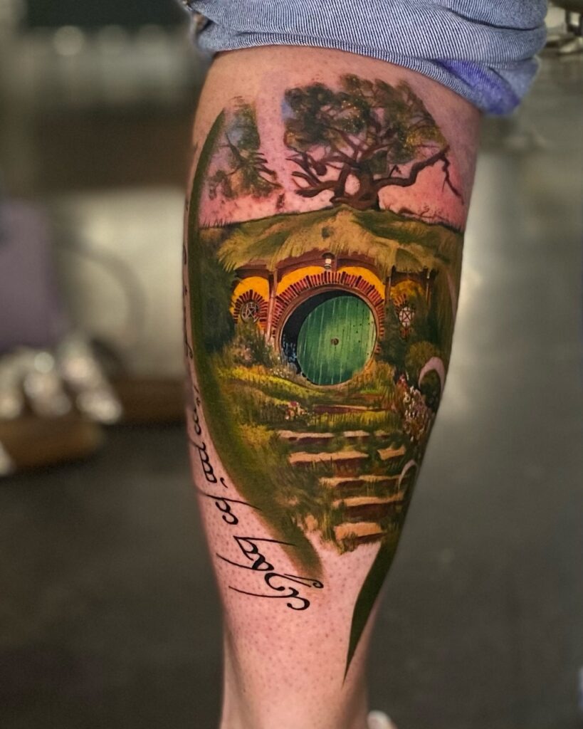 Lord of the Rings Shire Scene with Elvish Script Tattoo Tattoo Design