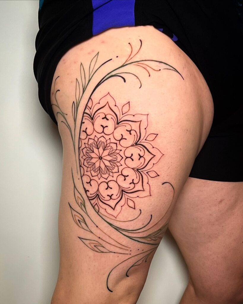 Mandala with Flowing Vines Thigh Tattoo Tattoo Design
