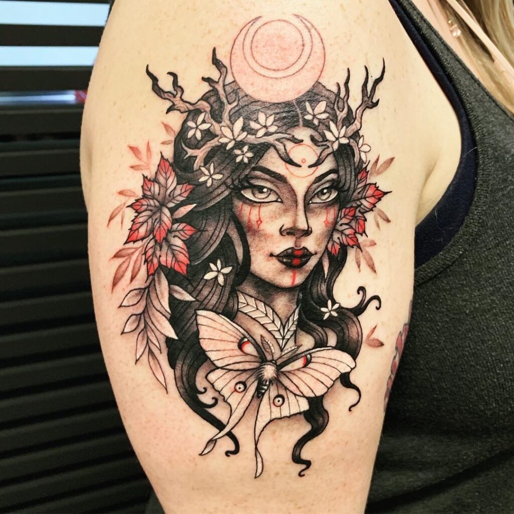 Moon Goddess with Butterfly Tattoo Tattoo Design