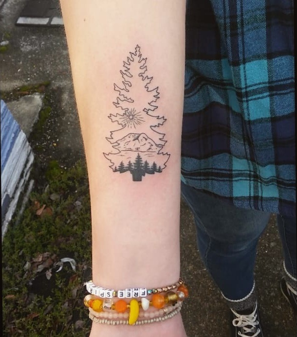 Mountain and Forest Scene Inside Pine Tree Tattoo Tattoo Design