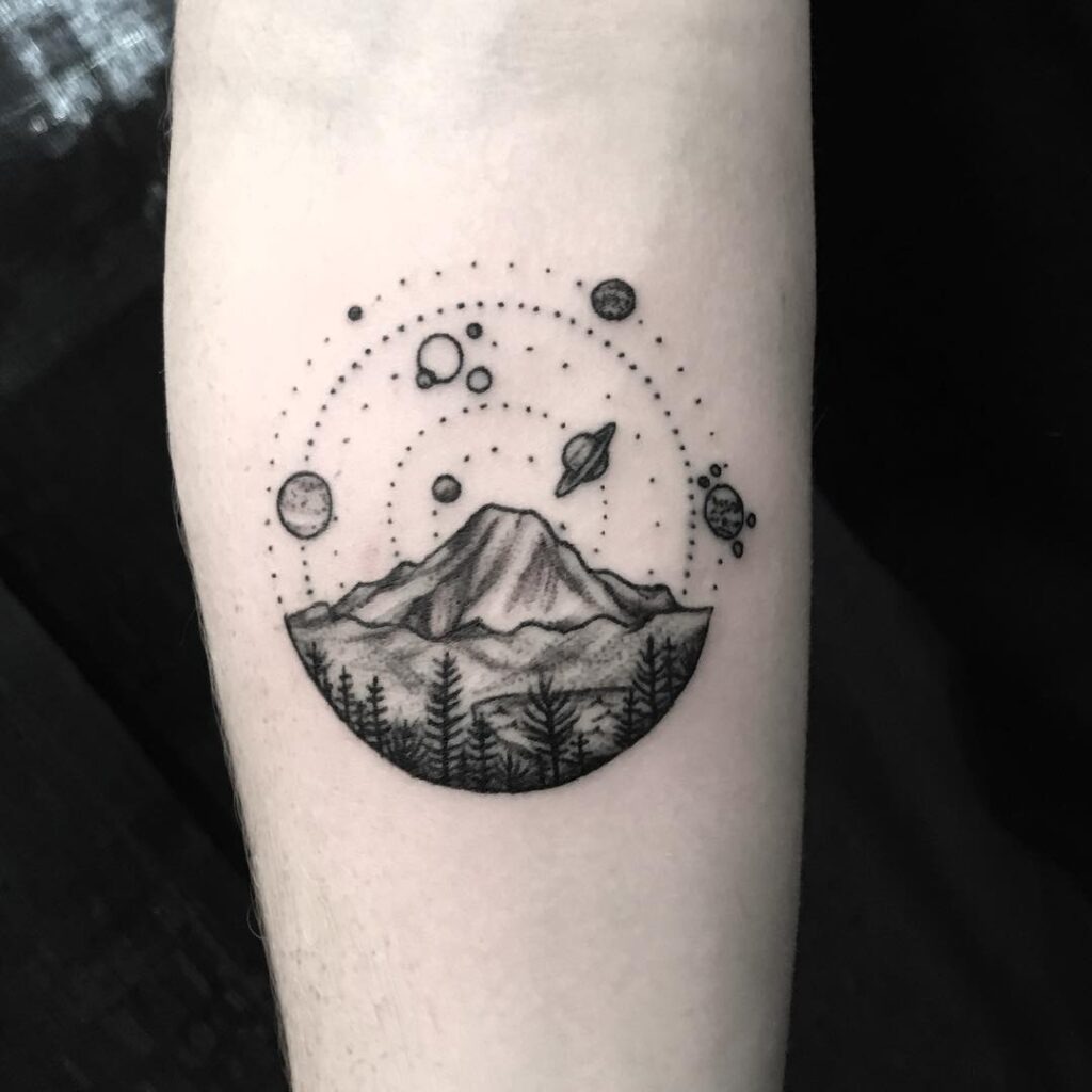 Mountain and Planets Dotwork Tattoo Tattoo Design