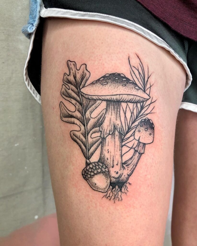 Oak Leaves, Acorns, and Mushrooms Tattoo Tattoo Design
