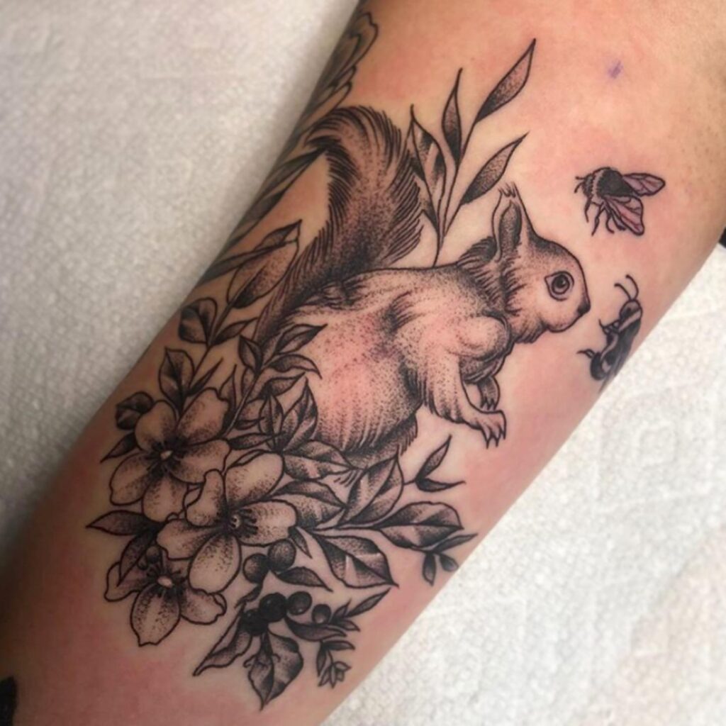 Squirrel and Forest Flowers Tattoo Tattoo Design