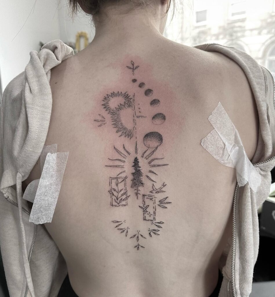 Sunflower, Moon Phases, and Pine Tree Back Tattoo Tattoo Design