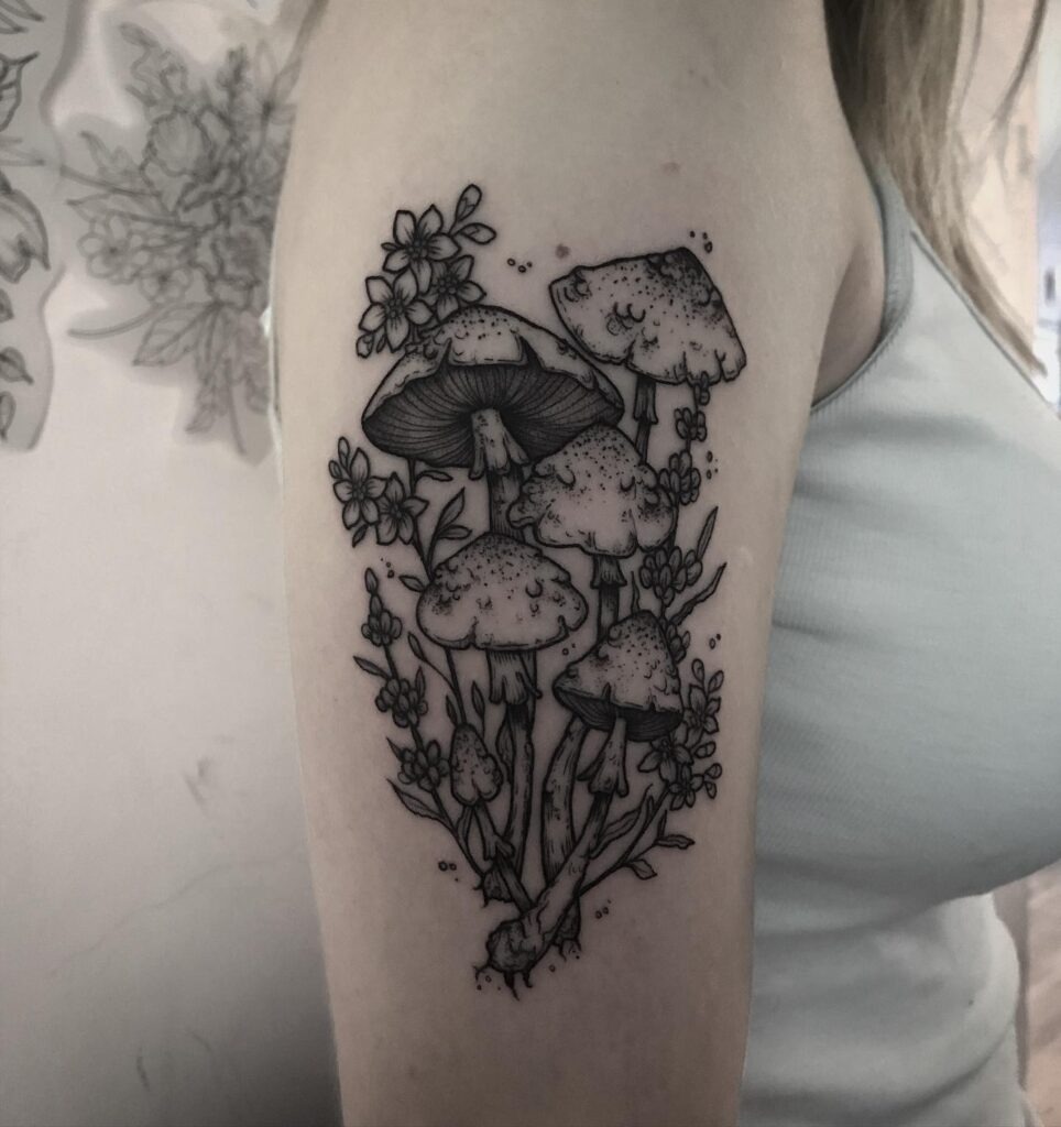 Wild Mushrooms with Tiny Flowers Tattoo Tattoo Design