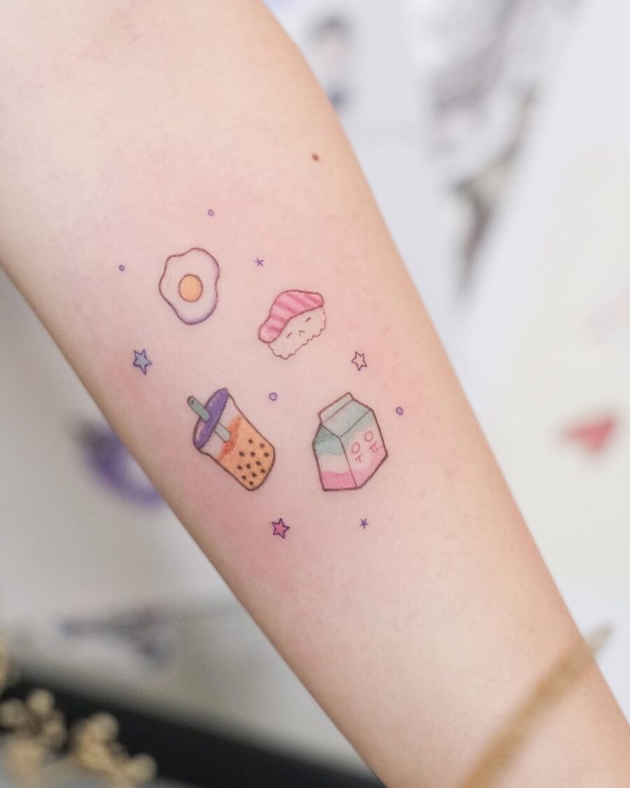 Featuring playful egg and food designs, this tattoo showcases a cute egg alongside delightful treats.