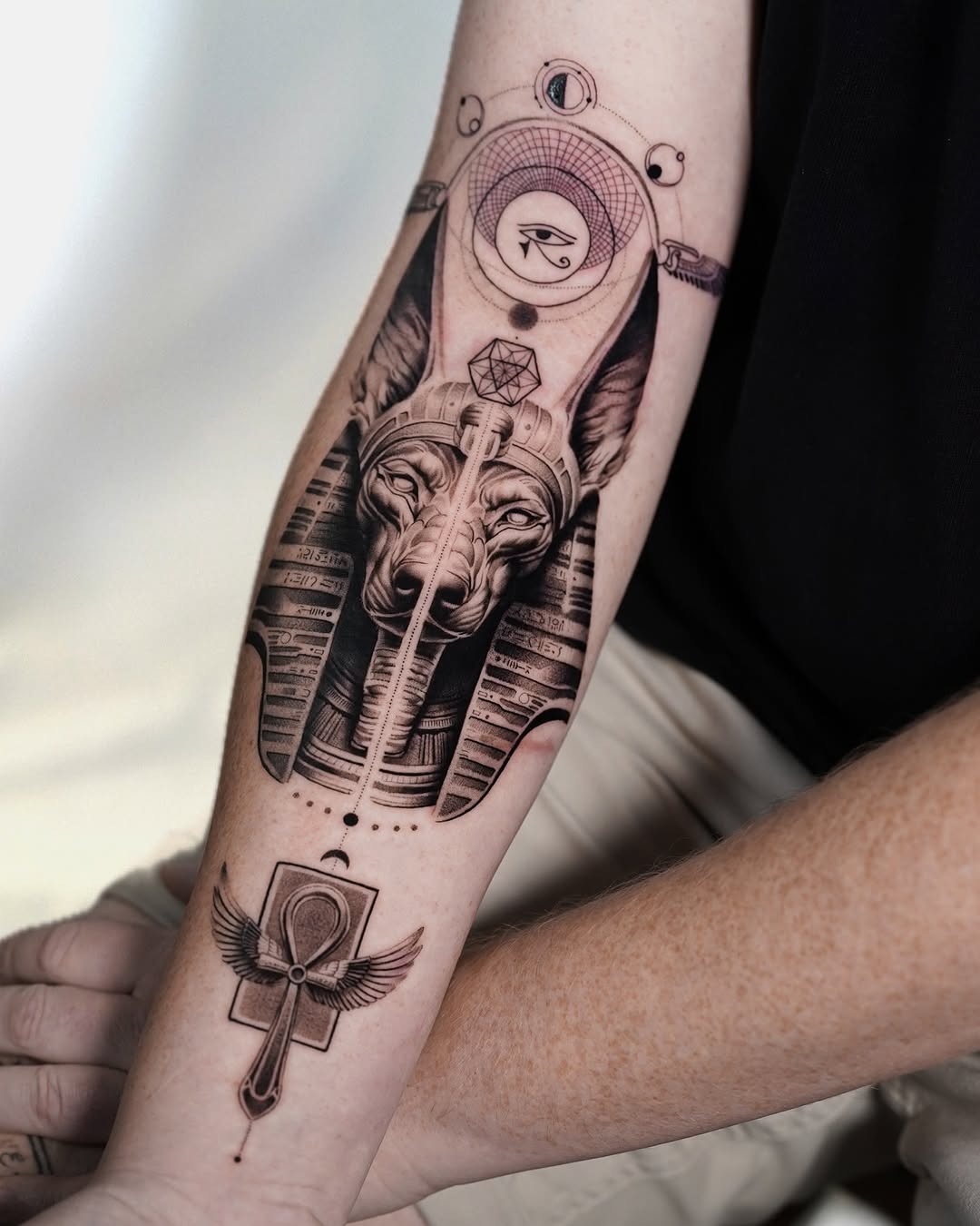 Intricate Egyptian Pharaoh Tattoo with Ankh Symbol Tattoo Design