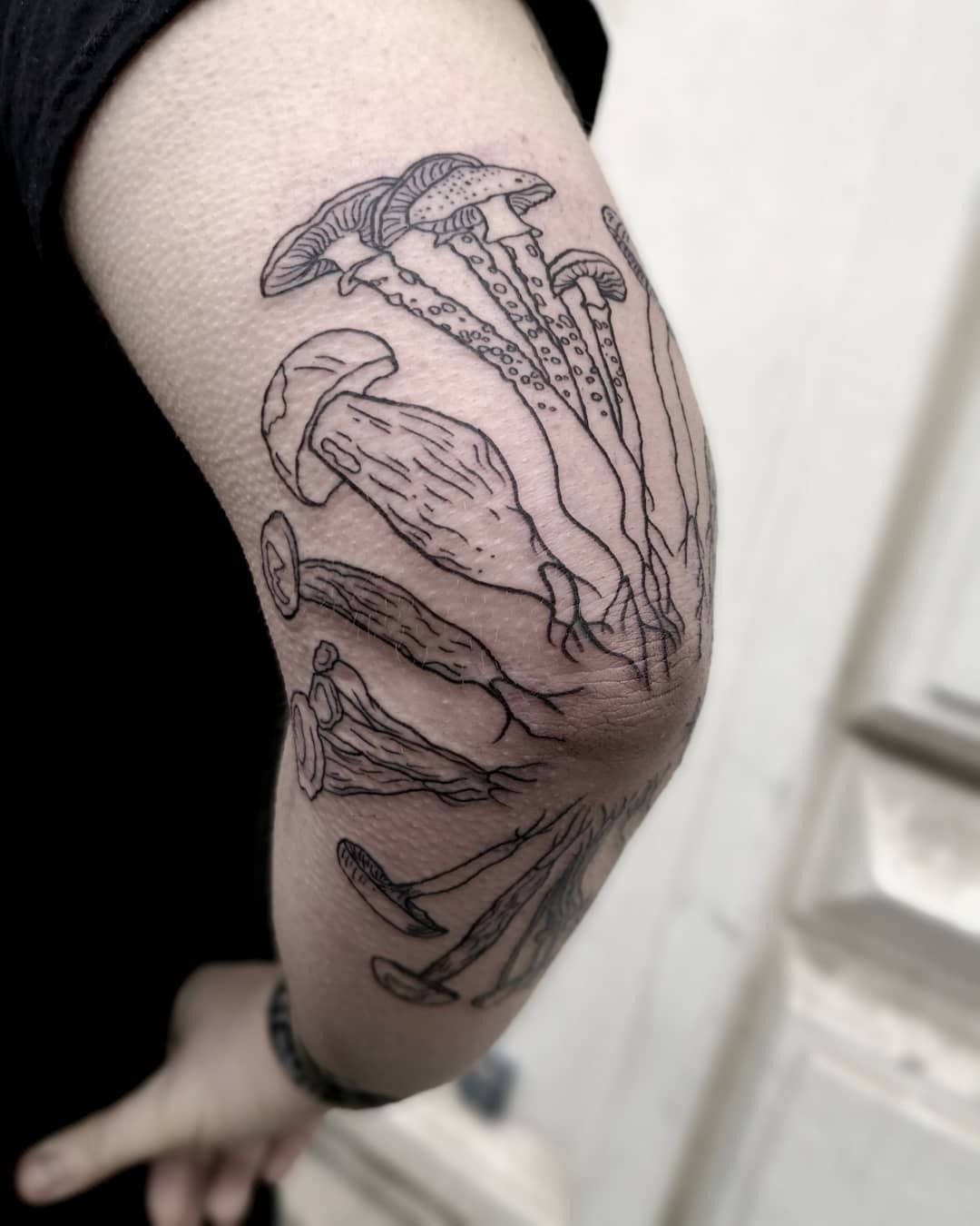 Intricate mushroom design wraps around elbow. Tattoo Design