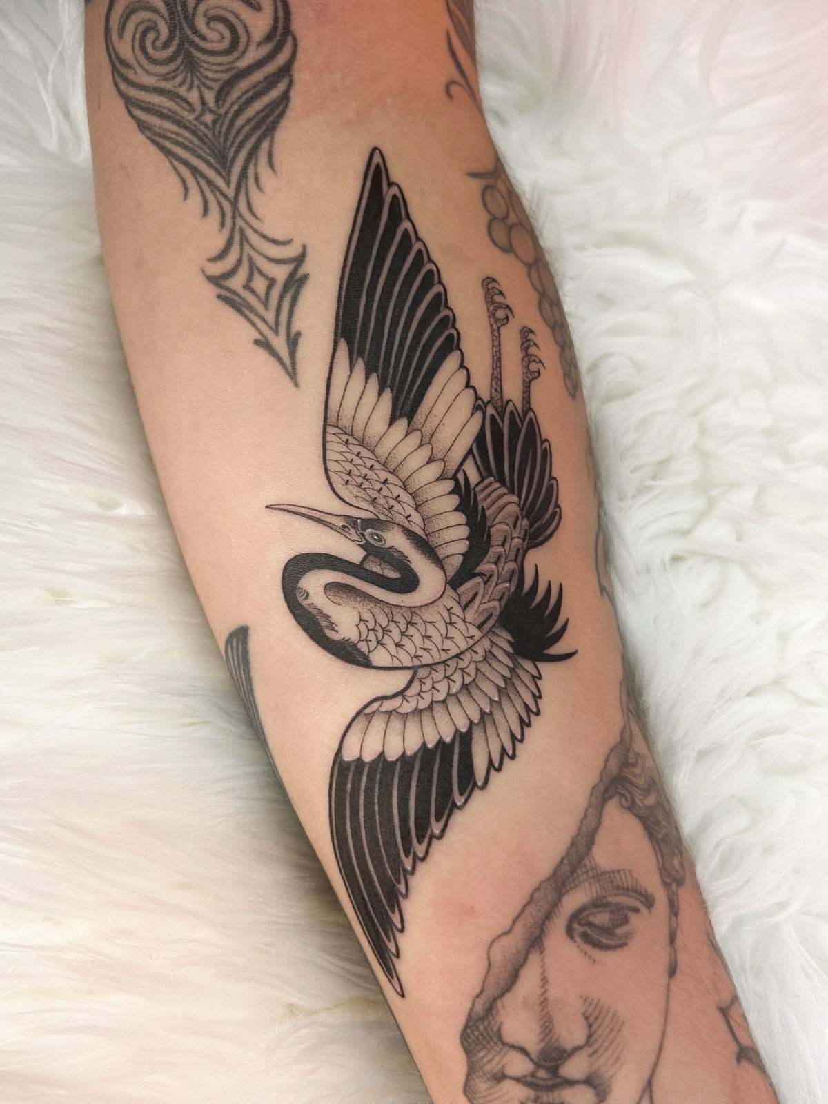 Black Ink Flying Crane Forearm Tattoo Tattoo Design