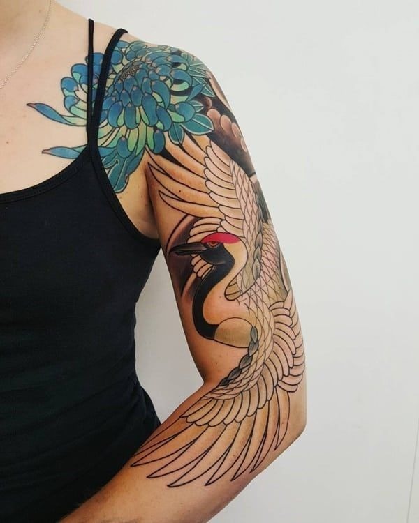 Colorful Korean-Style Crane Shoulder Tattoo Tattoo Design