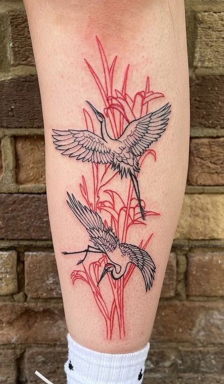 Crane Pair with Bamboo Leg Tattoo Tattoo Design