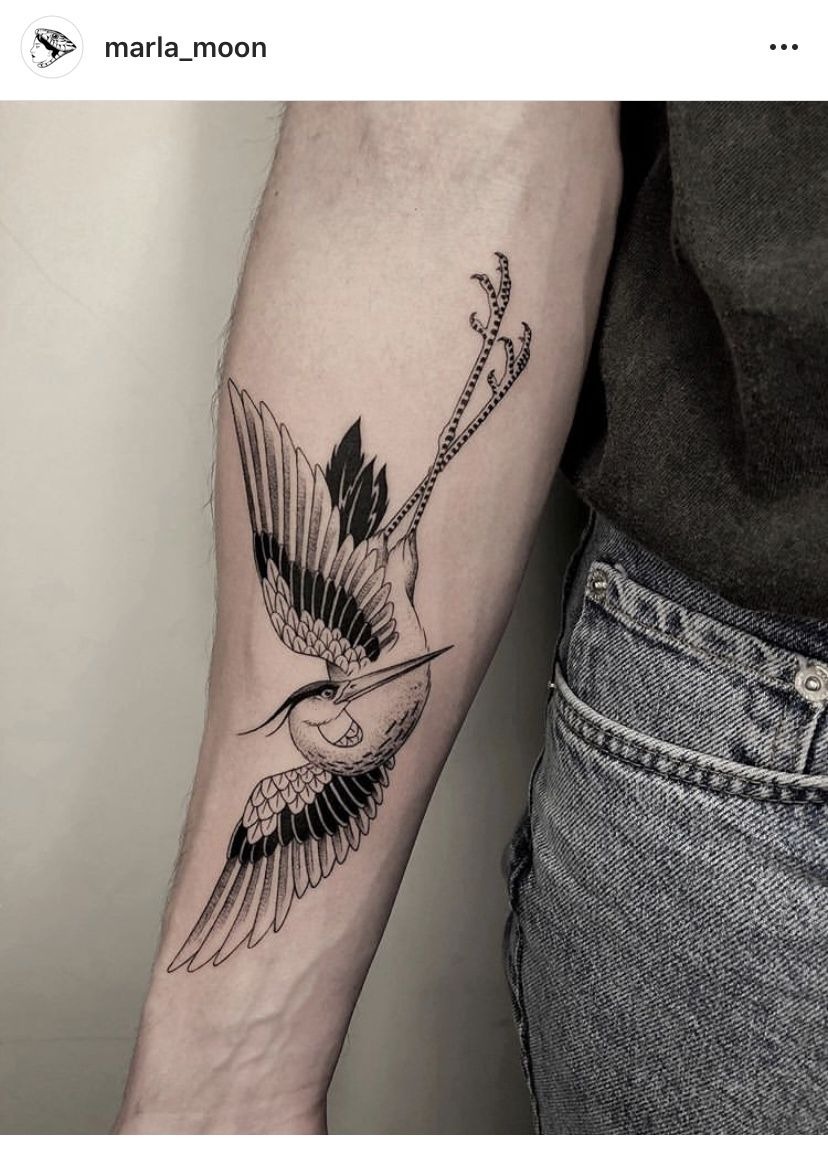 Dynamic Flying Crane Forearm Tattoo Tattoo Design