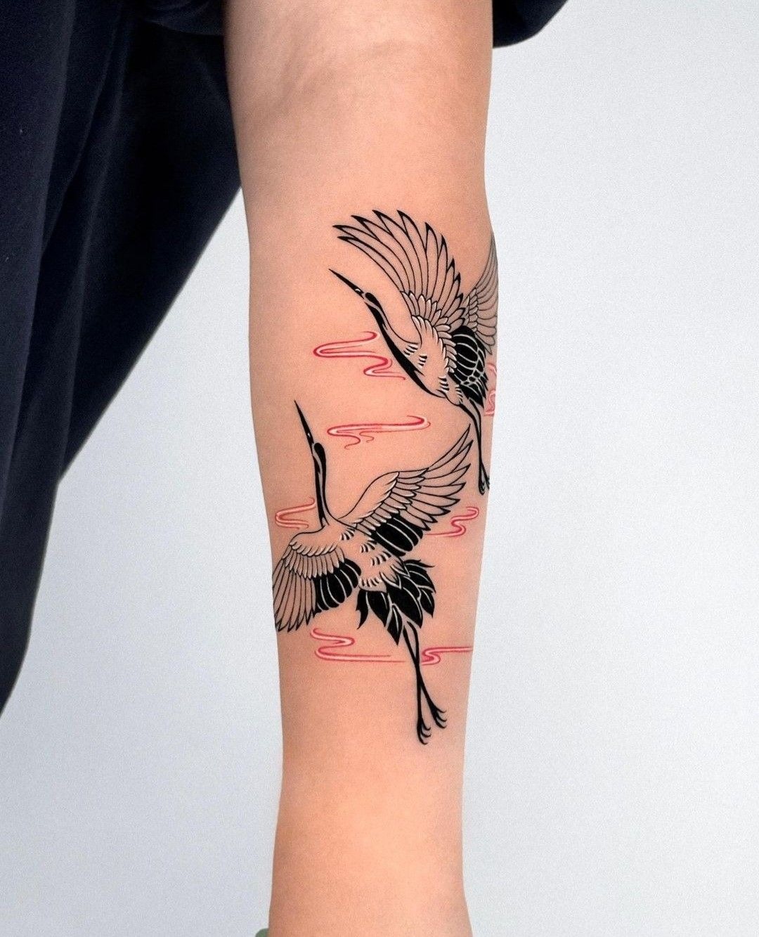 Fine Line Twin Flying Crane Forearm Tattoo Tattoo Design
