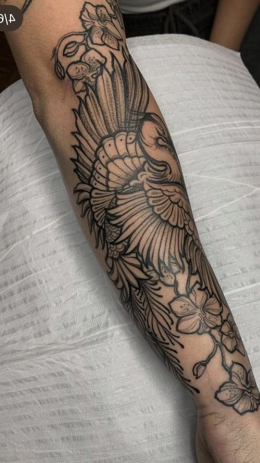 Floral Crane Forearm Sleeve Idea Tattoo Design