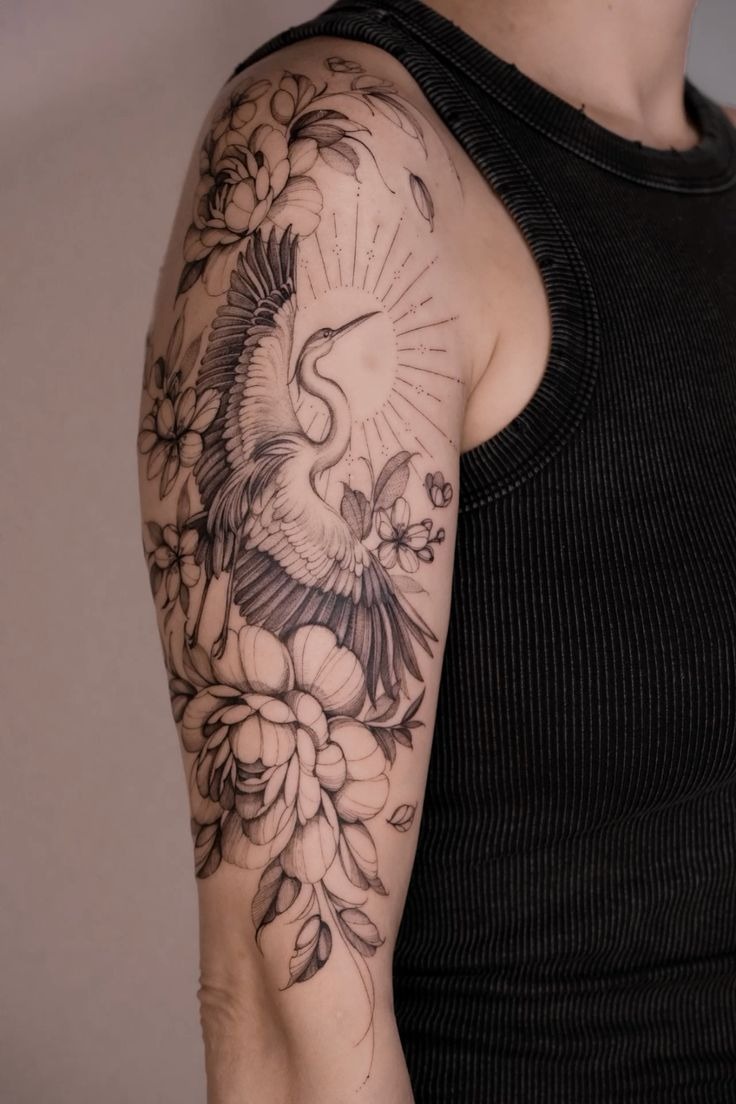Floral Crane Shoulder Tattoo for Women Tattoo Design