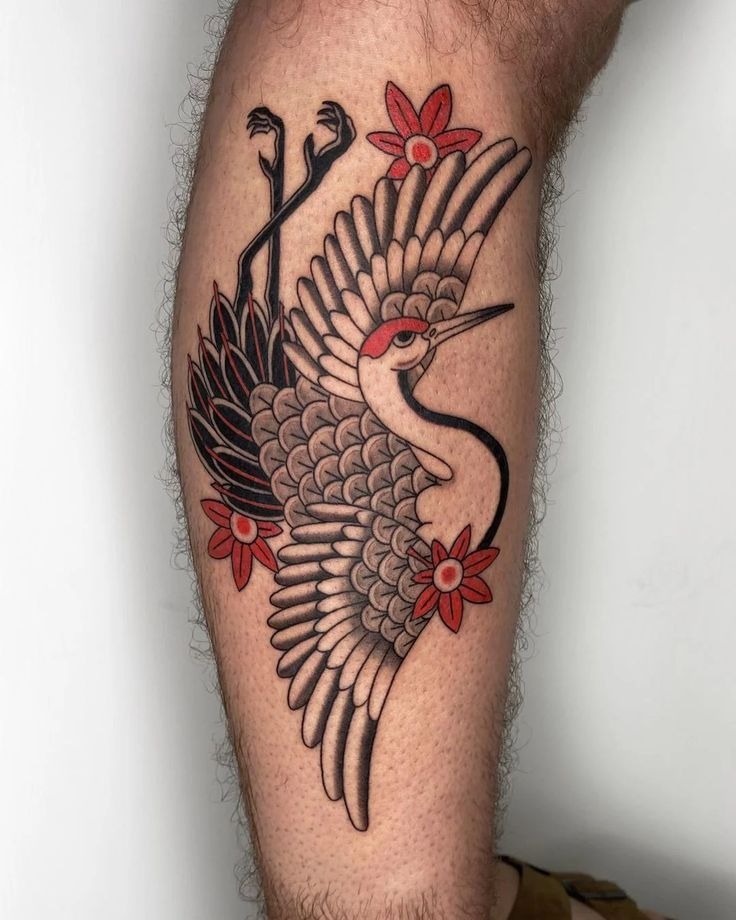 Floral Red-Crowned Crane Leg Tattoo Tattoo Design