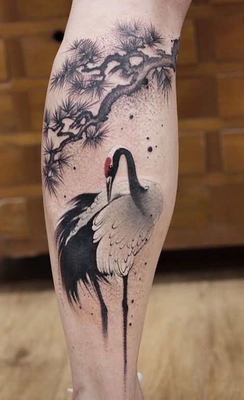 Japanese Crane and Pine Tree Leg Tattoo Tattoo Design