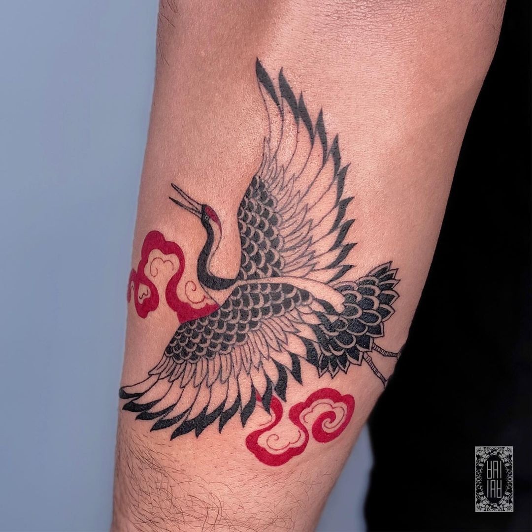 Japanese Crane with Red Clouds Tattoo Tattoo Design