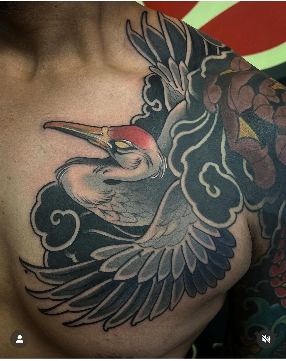 Japanese-Style Crane Shoulder Piece Tattoo Design