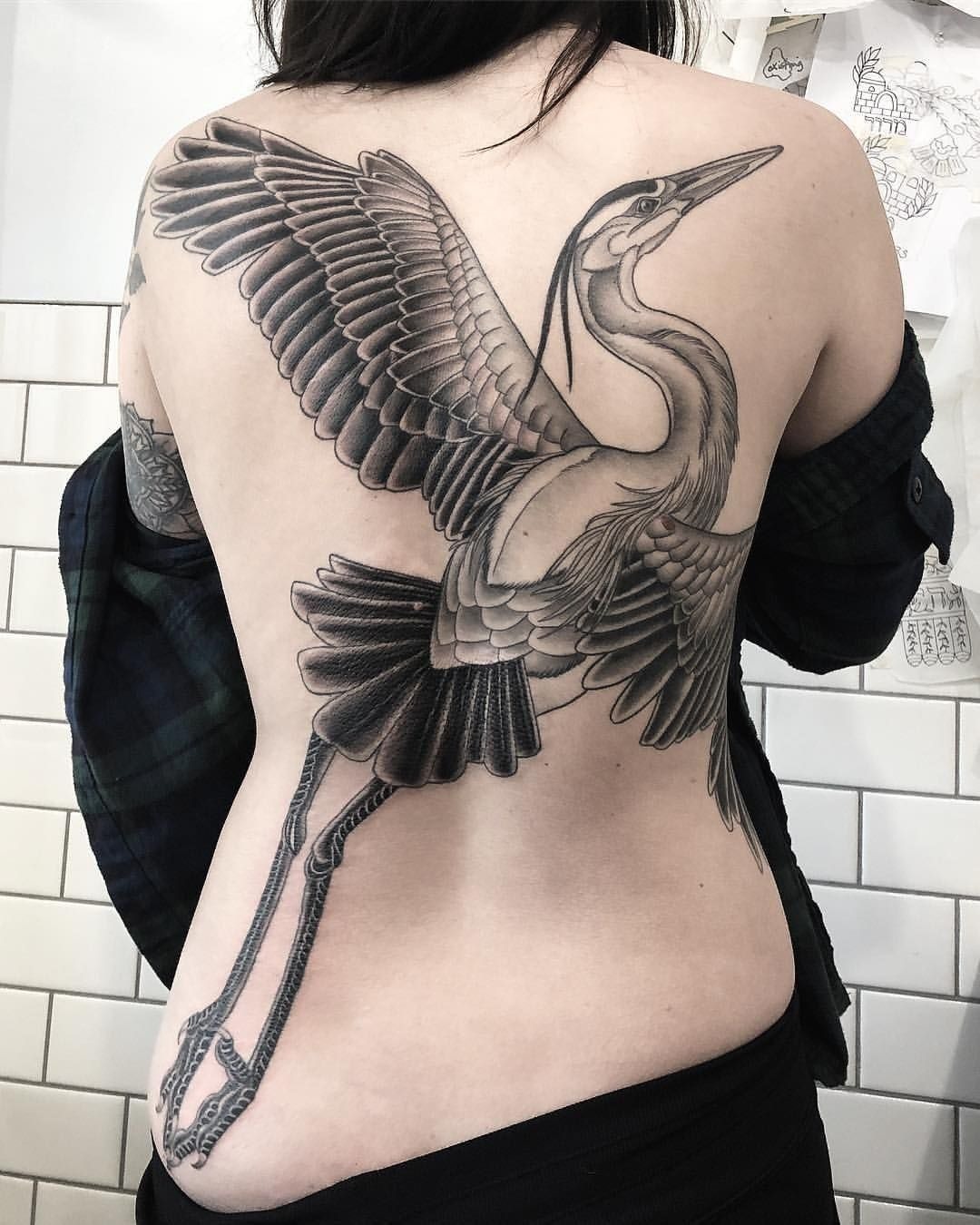 Large Realistic Crane Back Piece Tattoo Design