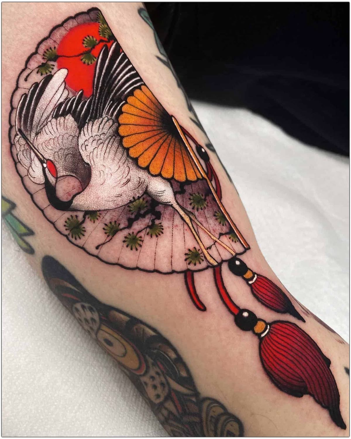 Traditional Crane with Fan Tattoo Tattoo Design