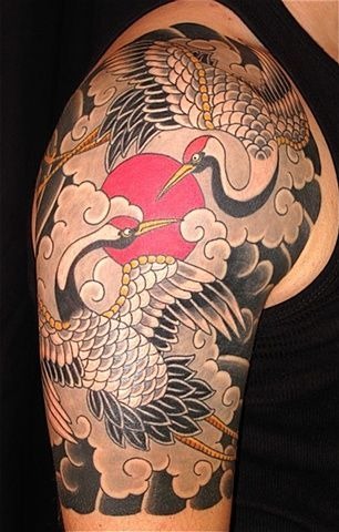 Traditional Japanese Crane Sleeve Tattoo Tattoo Design