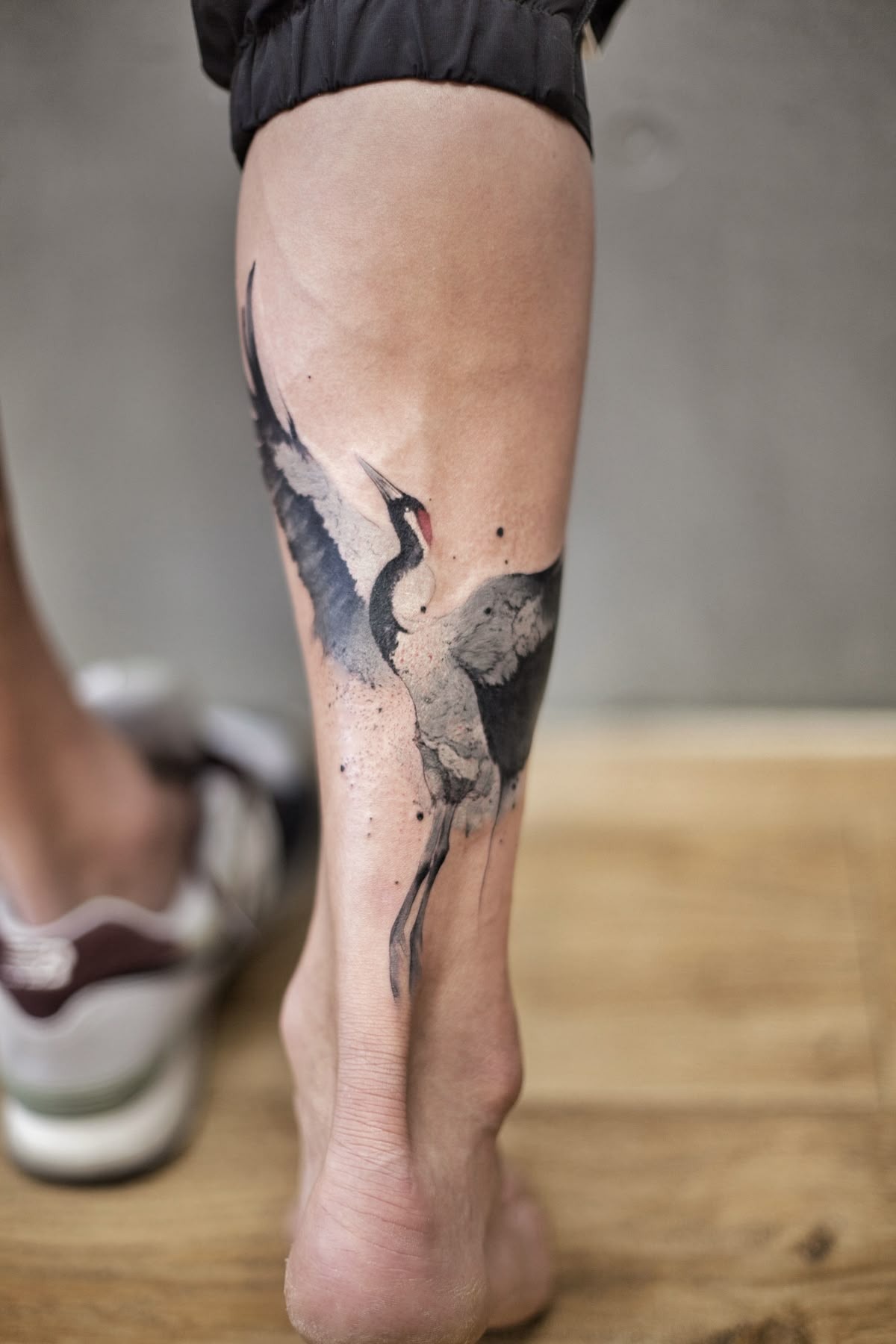 Watercolor Flying Crane Calf Tattoo Tattoo Design