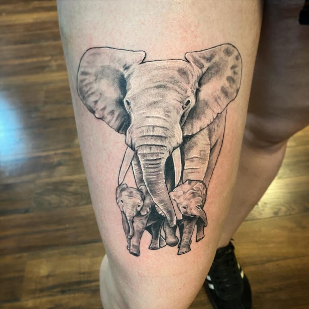 Bold Elephant Mother with Calves Tattoo Tattoo Design
