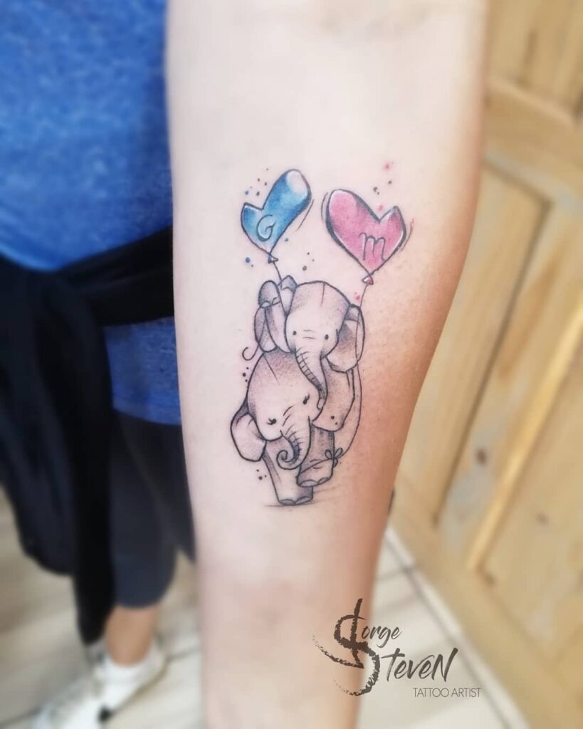 Cute Elephant Pair Tattoo with Heart Balloons Tattoo Design