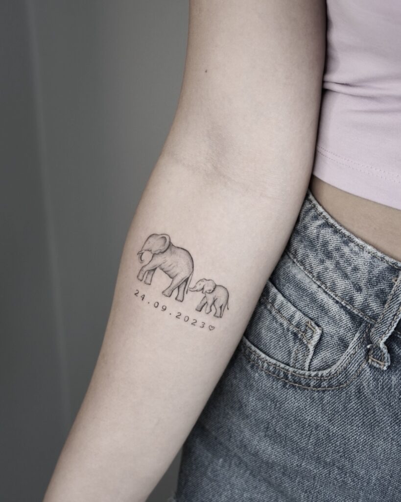 Elephant and Calf Tattoo with Special Date Tattoo Design