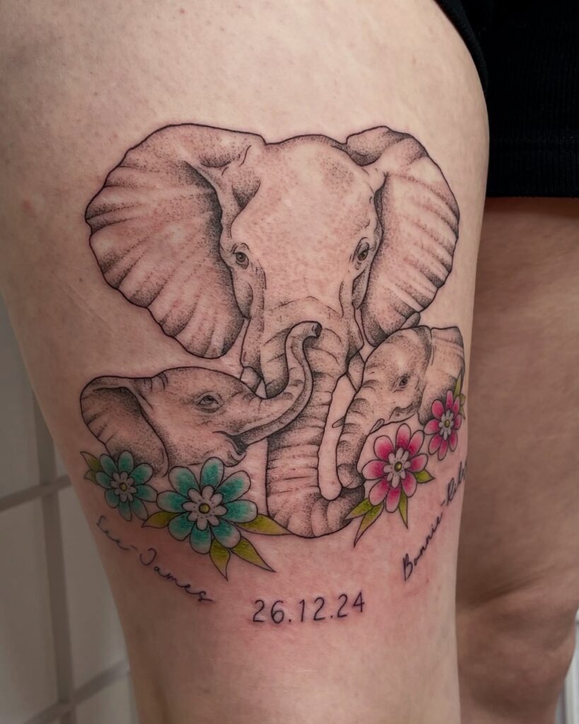 Floral Elephant Family Tattoo with Names and Date Tattoo Design