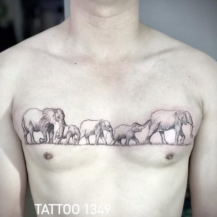 Full Chest Elephant Family March Tattoo Tattoo Design