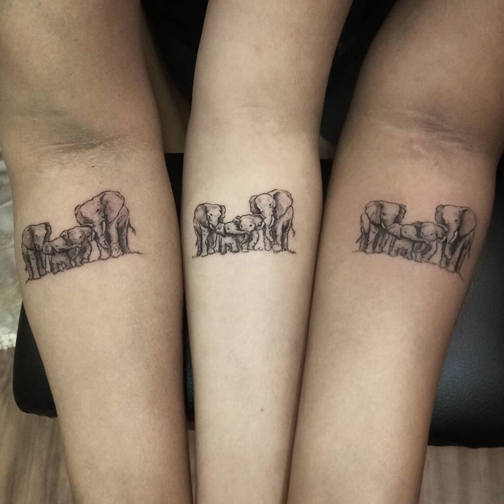 Matching Elephant Family Tattoo with Two Calves Tattoo Design