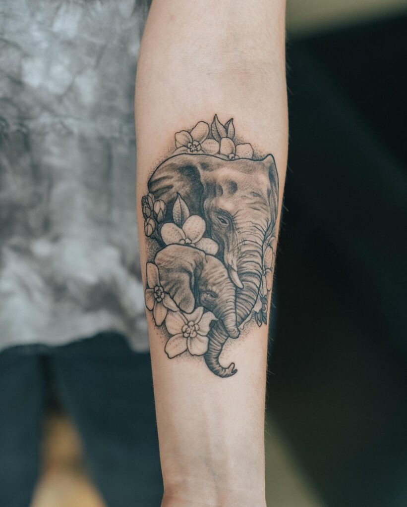 Mother and Calf Elephant Tattoo with Blossoms Tattoo Design
