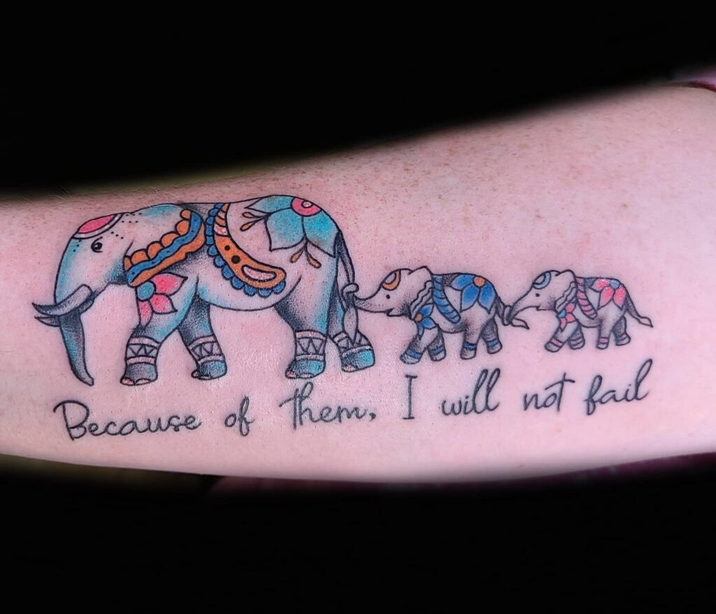 Ornamental Elephant Family Tattoo with Motivational Quote Tattoo Design